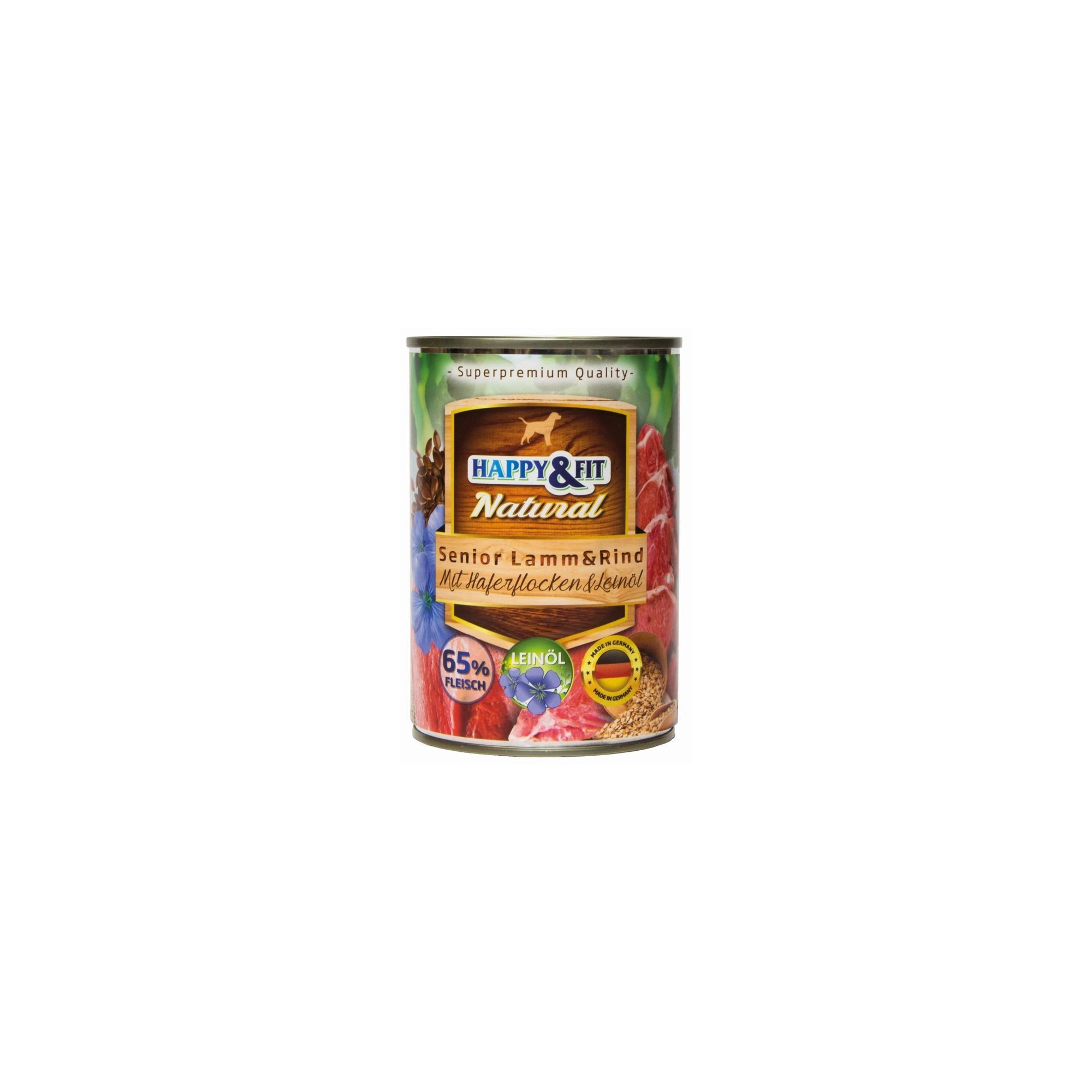 Happy&Fit Natural Dog konzerv senior bárány, marha zabliszttel és lenmagolajjal 400g