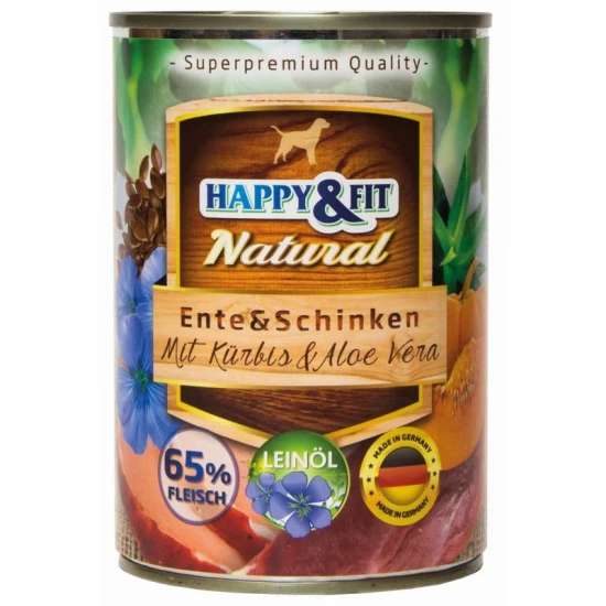 Happy&Fit Natural Dog konzerv kacsa, sonka sütőtökkel és aloe verával 400g