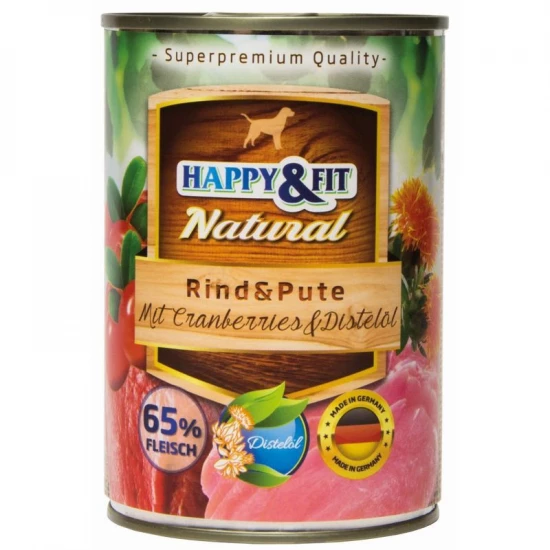 Happy&Fit Natural Dog konzerv marha, pulyka áfonyával és sáfrányolajjal 400g