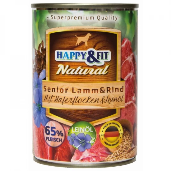 Happy&Fit Natural Dog konzerv senior bárány, marha zabliszttel és lenmagolajjal 400g