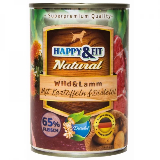 Happy&Fit Natural Dog konzerv vadhús, bárány burgonyával és sáfrányolajjal 400g