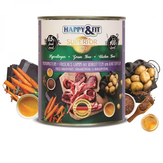 Happy&Fit Superior Dog Monoprotein konzerv friss bárányhús sárgarépával, burgonyával 800g