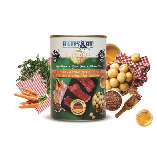 Happy&Fit Superior Dog Monoprotein konzerv friss vaddisznóhús sárgarépával, burgonyával 400g