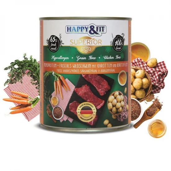 Happy&Fit Superior Dog Konzerv Friss Vaddisznóhús Srépával, burgonyával 800g