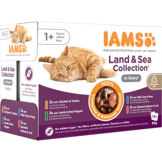 Iams Cat Delights LAND & SEA IN GRAVY multipack, többféle íz, ízletes szószban 12x85g