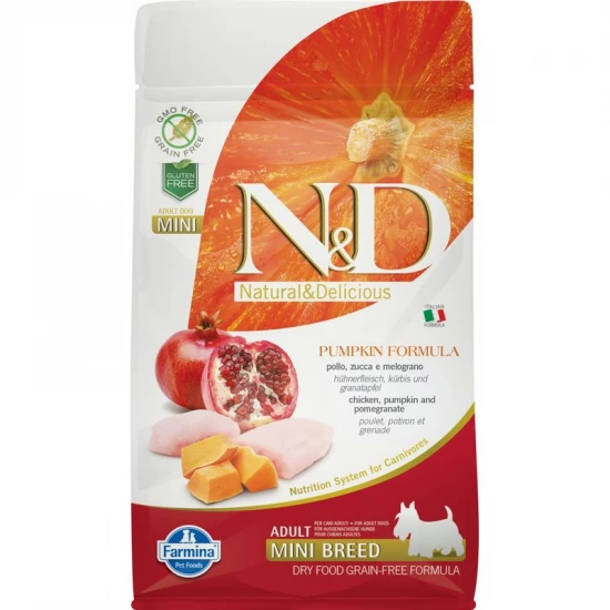 N&D Dog Grain Free csirke & gránátalma sütőtökkel adult mini 800g